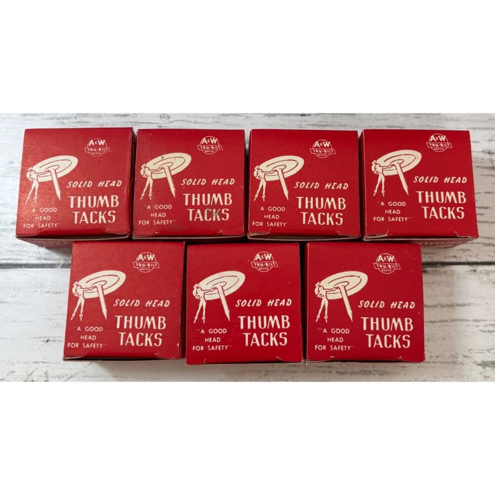 Vintage A&W Tru-Bilt Metal Solid Head 3/8” Thumb Tacks (7 boxes)
